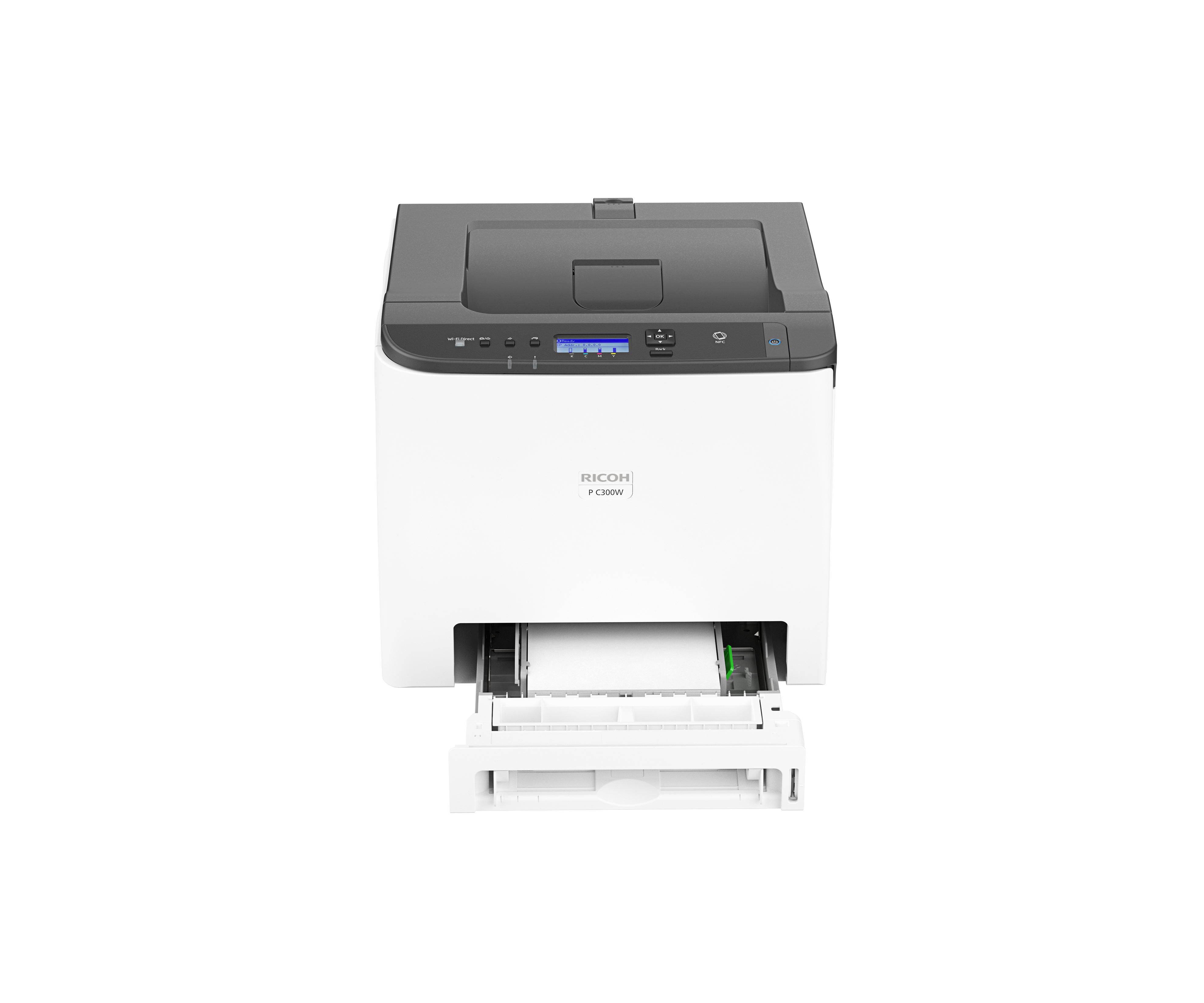 frontal impresora Ricoh P C300W con un cajón de papel abierto